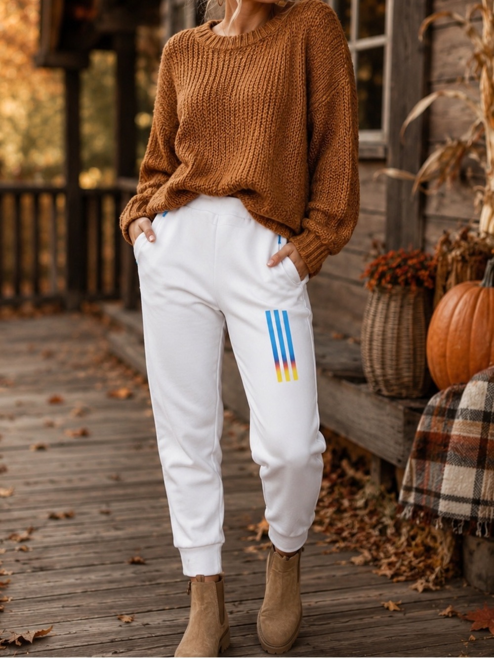 Adidas White Jogger Sweatpants/Joggers Rainbow Stripe Detail | SIZE M | NWOT